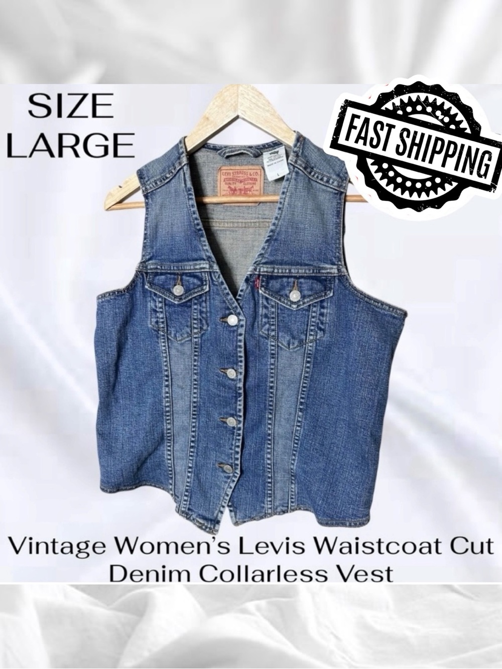 Vintage Women’s Large Levis Waistcoat Cut Denim Collarless Vest FAST SHIPPING